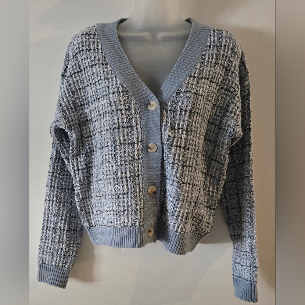 Jessica Simpson Cardigan Blue/White Sz Medium Cropped Long Sleeve 4 Button